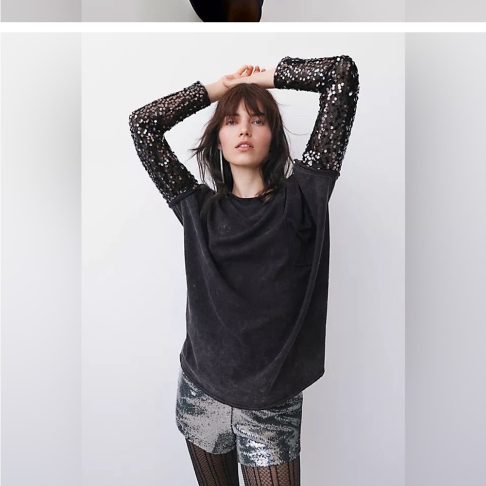 Free People Celine Oversized Tee with Sequin Sleeves